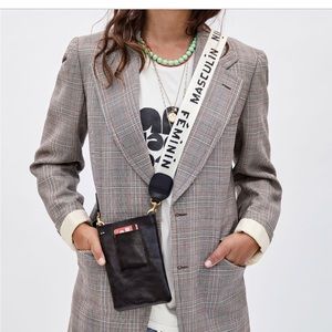 Clare V Black Leather Crossbody with Cream Branded Strap